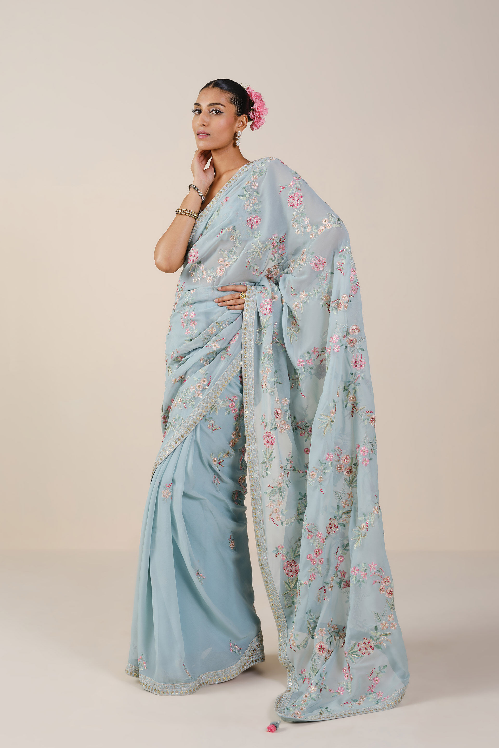 Dianthus Embroidered Georgette Saree, Powder Blue, image 2
